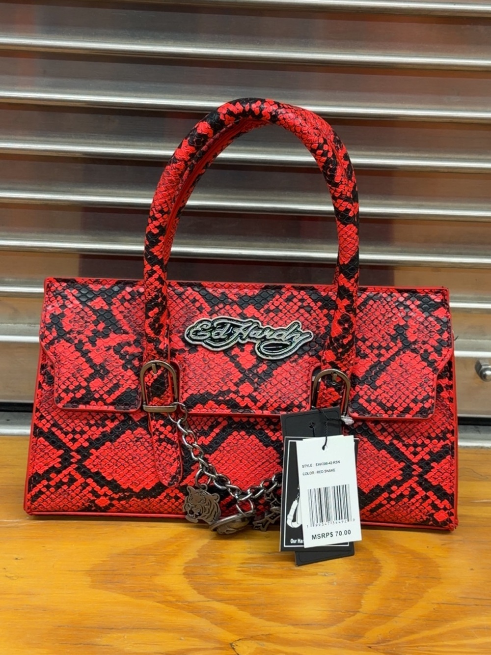Ed Hardy Red Snake-Print Satchel